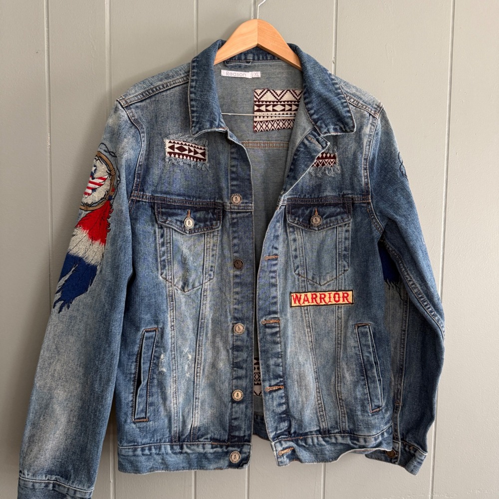 Reason New York Distressed Denim Trucker Jacket XL Eagle Feather Patchwork Blue